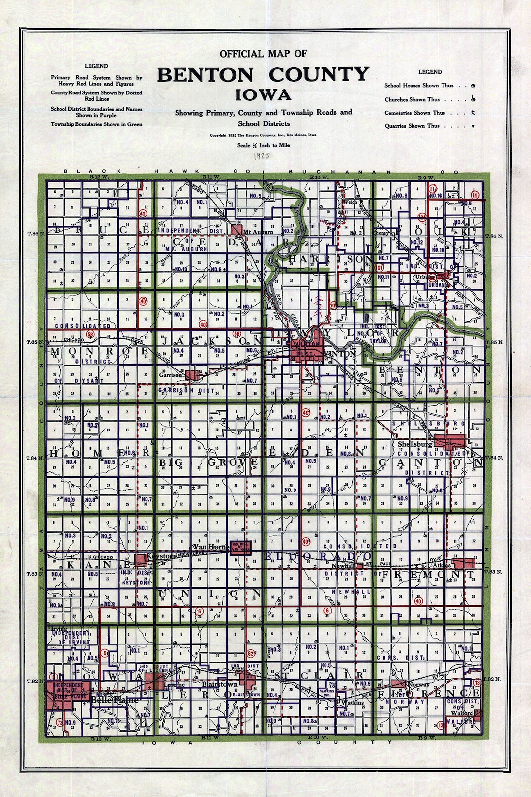 1925-map-of-benton-county-iowa-etsy