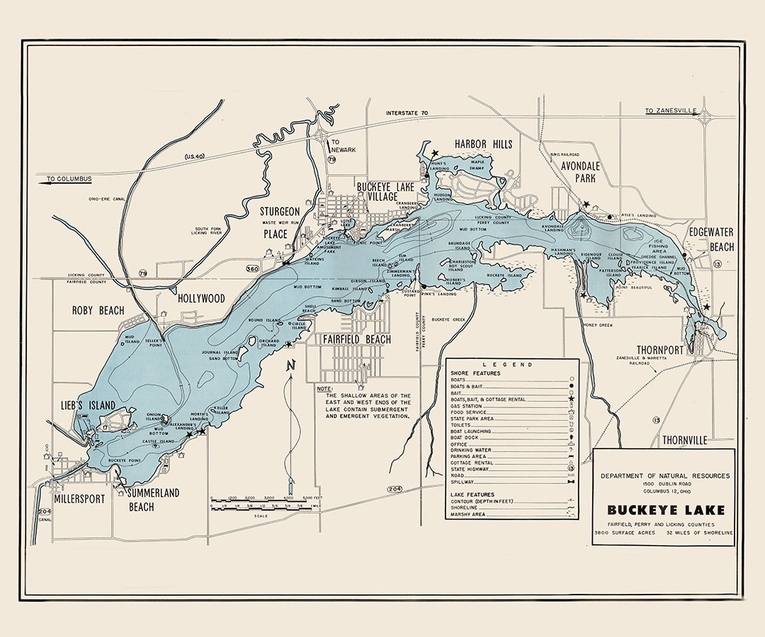 1960 map of buckeye lake fairfield perry and licking county ohio etsy