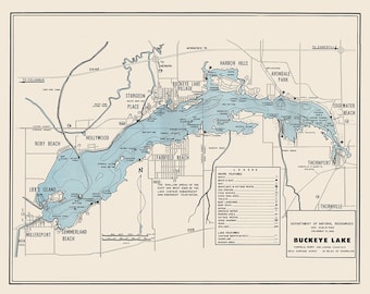 1960 Map of Buckeye Lake Fairfield Perry and Licking County Ohio