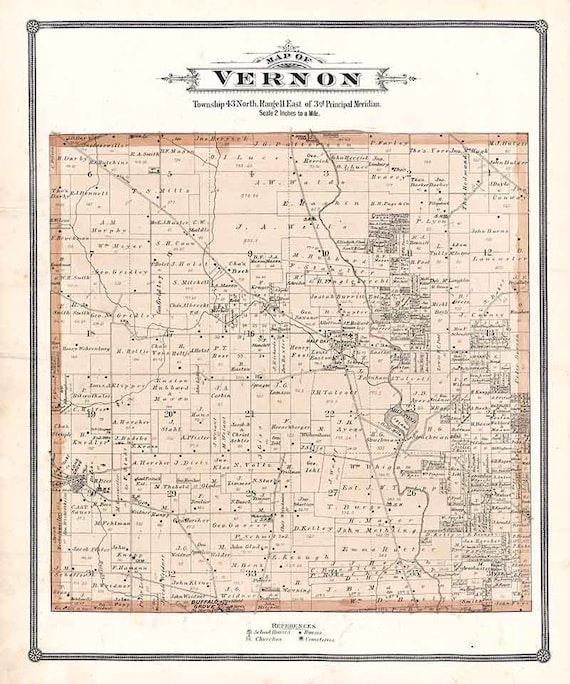 1885 Map of Vernon Township Lake County Illinois Etsy