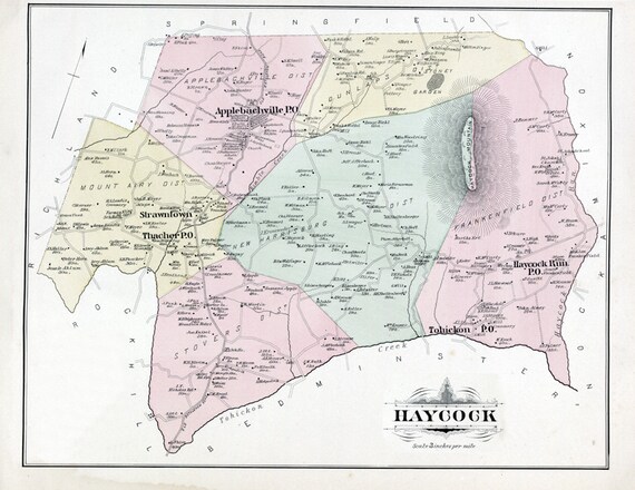 Fine Art Paper Print Custom Gift Haycock Vintage Map Giclee Map Print Your Hometown Bucks County Pennsylvania Pennsylvania