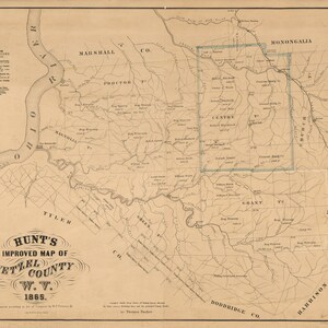 1865 Farm Line Map von Wetzel County WV mit den Namen der Ölquellen