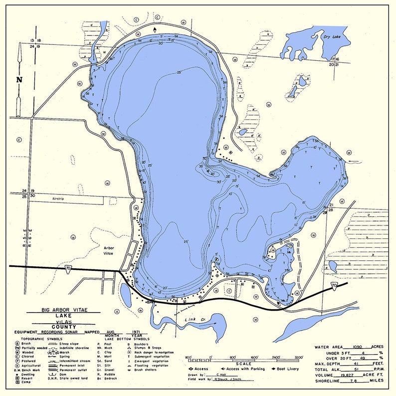 1971 Map of Big Arbor Vitae Lake Vilas County Wisconsin Etsy Canada