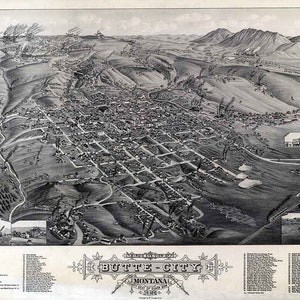 1884 Panorama-Karte von Butte-City Silver Bow County, Montana