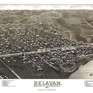 1884 Panorama-Karte von Delavan Walwert County Wisconsin Delavan Lake