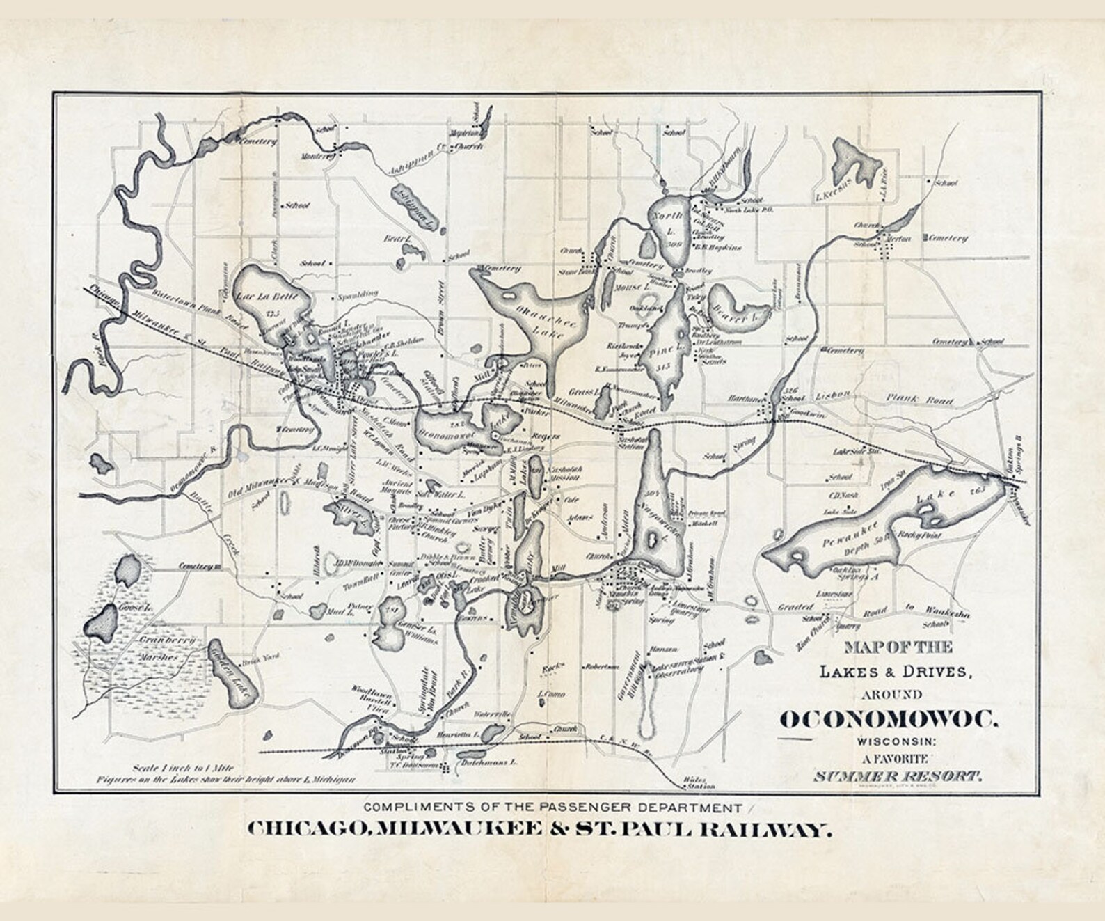 1887 Map of the Lakes Around Oconomowoc Wisconsin Etsy