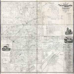 1865 Farm Line Map of Fountain & Warren County Indiana Covington Attica