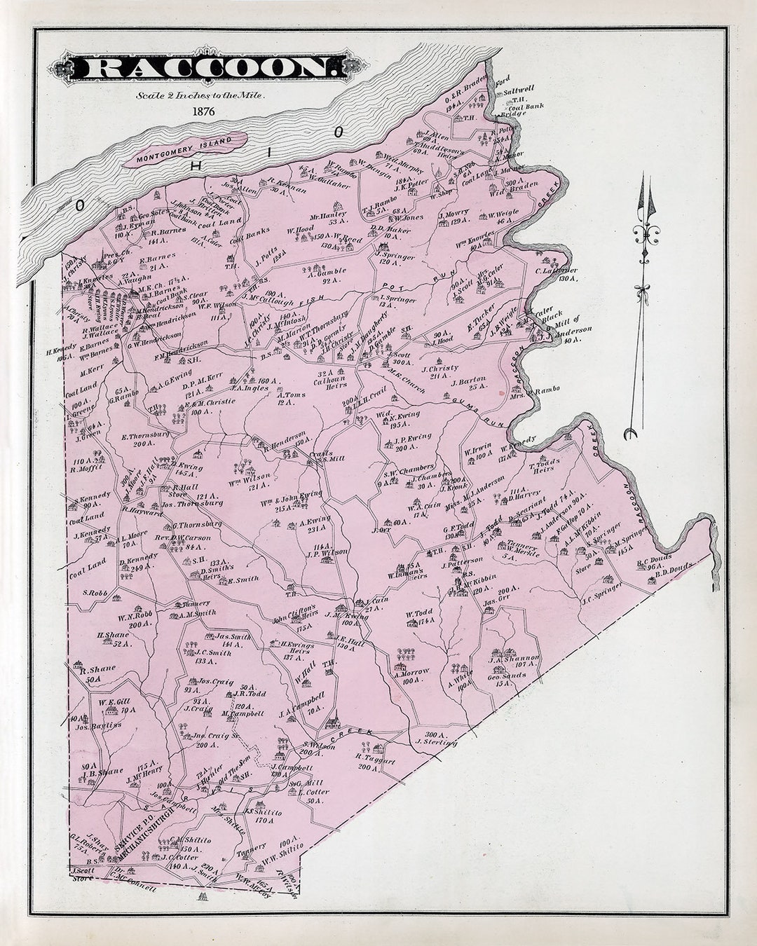 1876 Map of Raccoon Township Beaver County Pennsylvania Etsy