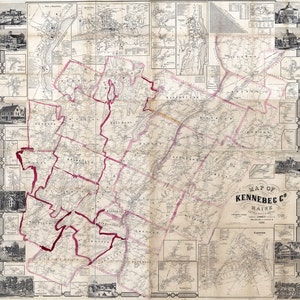 May include: An antique map of Kennebec County, Maine, from 1860. The map is printed on paper and shows the county's towns, rivers, and roads. The map is framed in a decorative border.