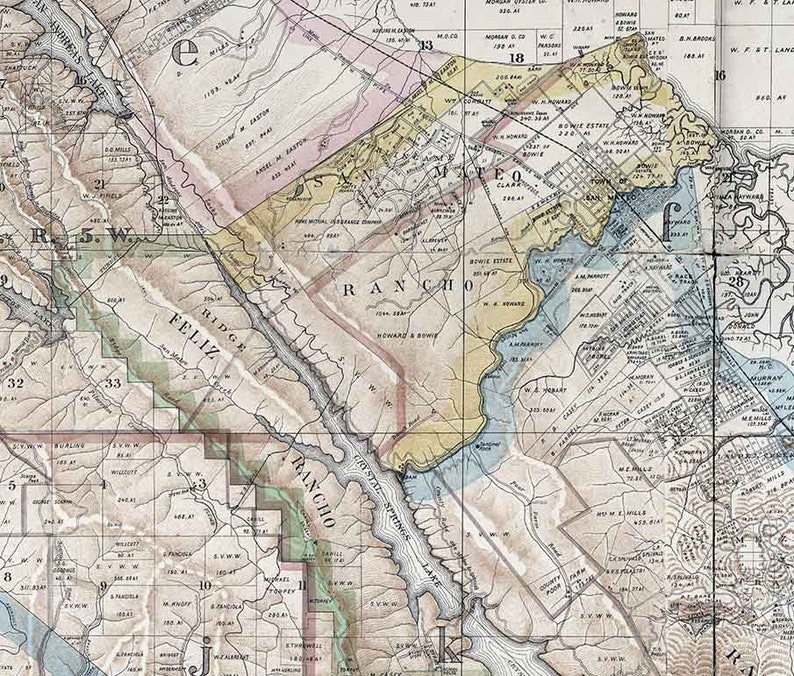 Puede incluir: Un mapa antiguo de Rancho Feliz y las &aacute;reas circundantes en California. El mapa muestra la propiedad de la tierra y los l&iacute;mites, incluidos los nombres de las personas y las familias que pose&iacute;an la tierra. El mapa est&aacute; en blanco y negro con l&iacute;neas y texto dibujados a mano.