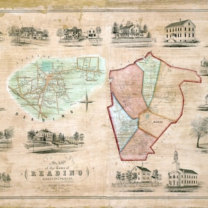 1854 Plan de la ville de Reading, comté de Middlesex, Massachusetts