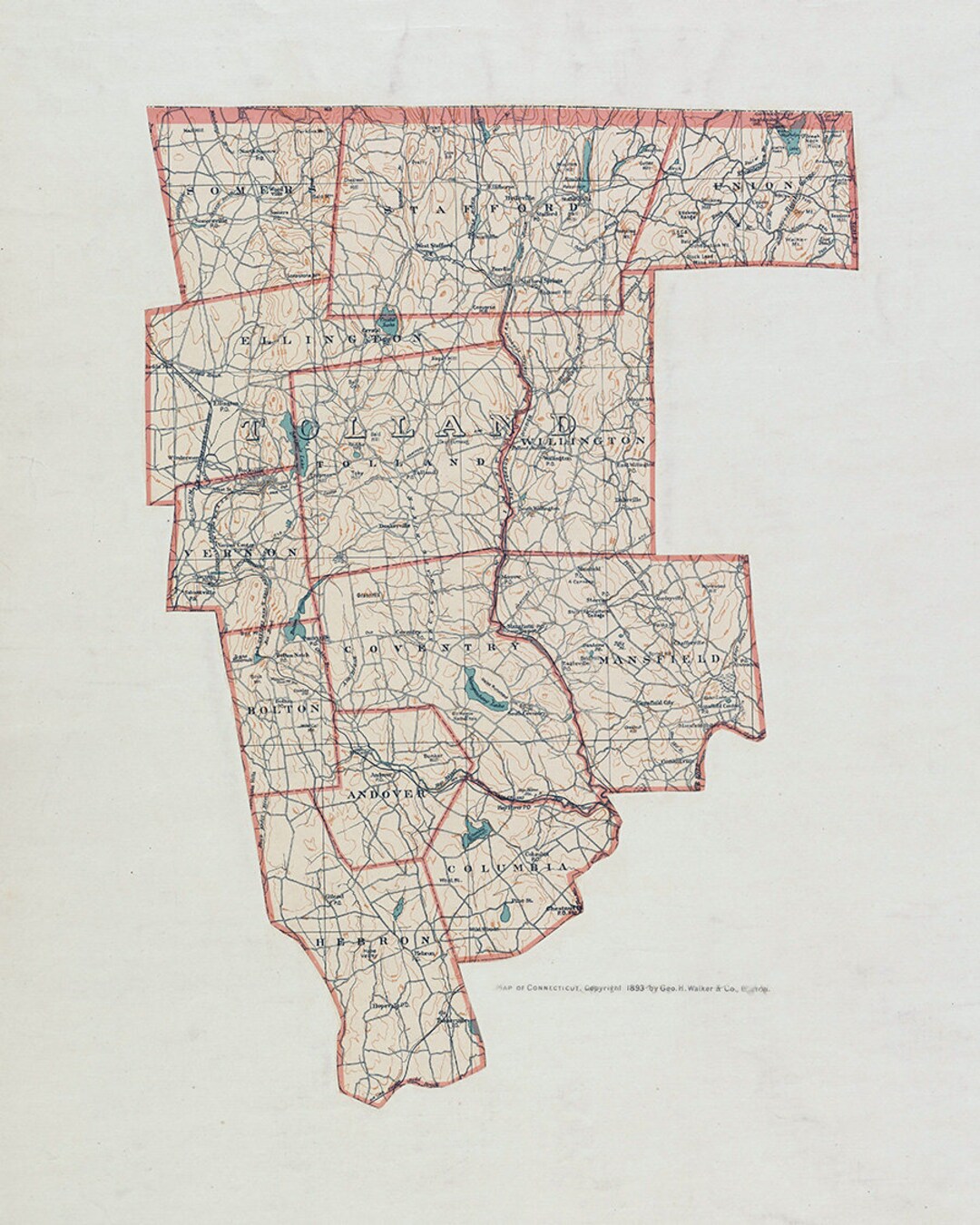 1893 Map of Tolland County Connecticut Etsy