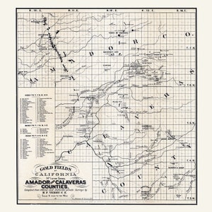 Carte des champs aurifères d'Amador et du comté de Calaveras en Californie, 1877