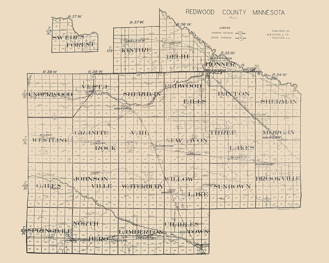 1921 Map of Redwood County Minnesota Etsy