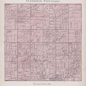 May include: A vintage map of Harrison Township, Paulding County, Ohio. The map is printed on a pink background and shows the names of residents and property owners in each section.