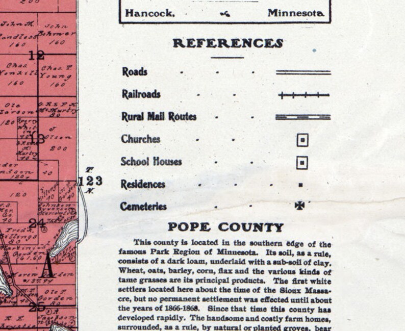 1901 Farm Line Map of Pope County Minnesota Colored Etsy