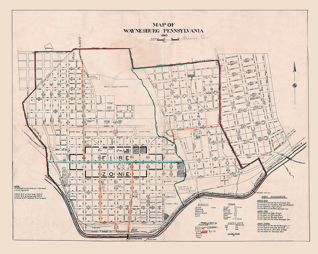 1940 Map of Waynesburg Greene County Pennsylvania