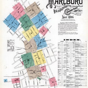 Puede incluir: Un mapa de seguros vintage de Marlboro, Massachusetts, fechado en marzo de 1896. El mapa está dividido en distritos numerados, con calles y puntos de referencia etiquetados. El mapa está impreso en blanco y negro con distritos coloreados.
