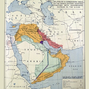 1945 Carte des champs de pétrole du Moyen-Orient et de l'URSS