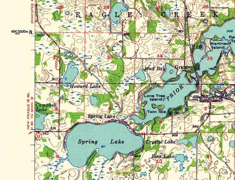 1957 Topo Map of Prior Lake Minnesota Maple Glen Spring Lake Etsy