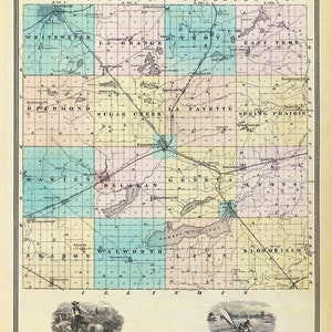 May include: An antique map of Walworth County, Wisconsin, from 1876. The map shows the county's townships and roads, with the names of each township printed in black. The map is printed on a cream-colored paper with a light brown border.