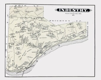 Könnte beinhalten: Eine Schwarzweißkarte von Industry, Ohio, aus dem Jahr 1876. Die Karte zeigt die Lage verschiedener Geschäfte und Häuser in der Stadt. Die Karte enthält auch die Namen der umliegenden Townships, darunter Brighton, Oak Wood und Borough.