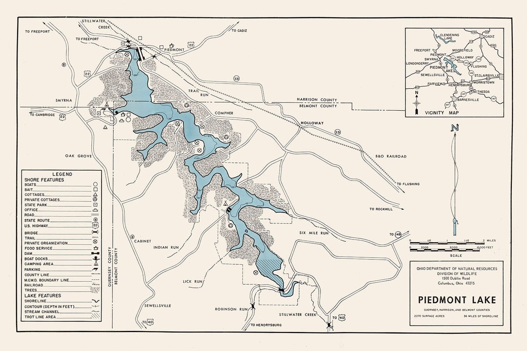 1961 Map of Piedmont Lake Guernsey Harrison and Belmont County Ohio Etsy