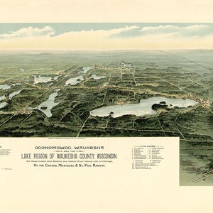 1890 Panoramakarte von Oconomowoc Wisconsin und der Lake Region des Waukesha County