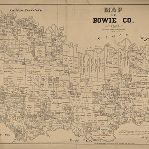 May include: A vintage map of Bowie County, Texas, showing the county's boundaries, roads, and land divisions. The map is labeled with the names of towns, rivers, and other geographic features. The map is dated 1877.