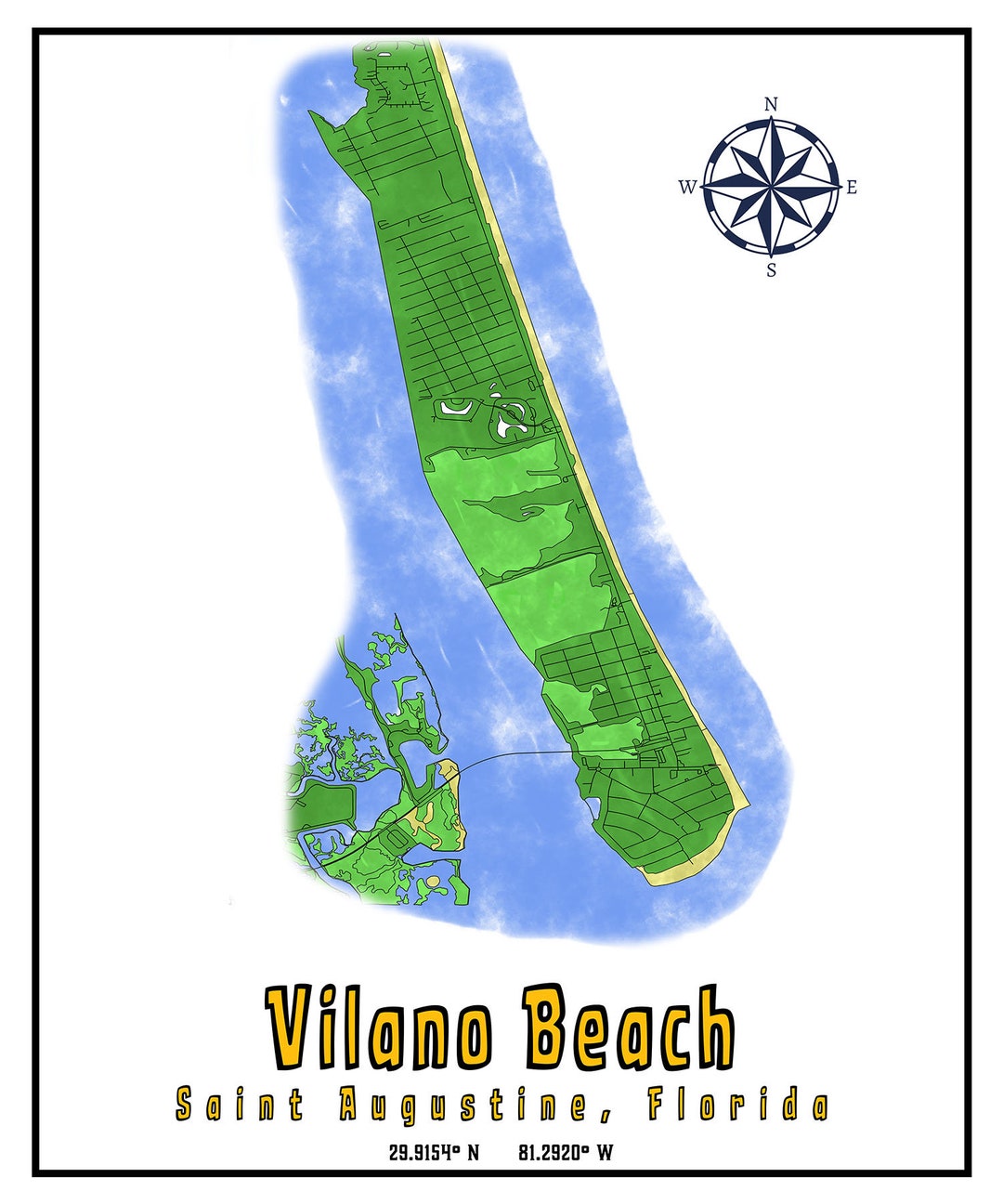 Vilano Beach Florida Map Etsy