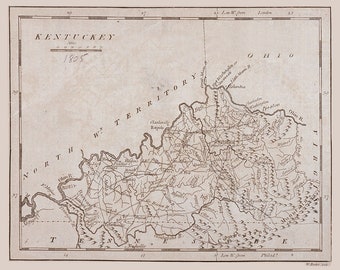 May include: A vintage map of Kentucky from 1805. The map shows the state's rivers, towns, and counties. The map is in black and white and has a brown background.