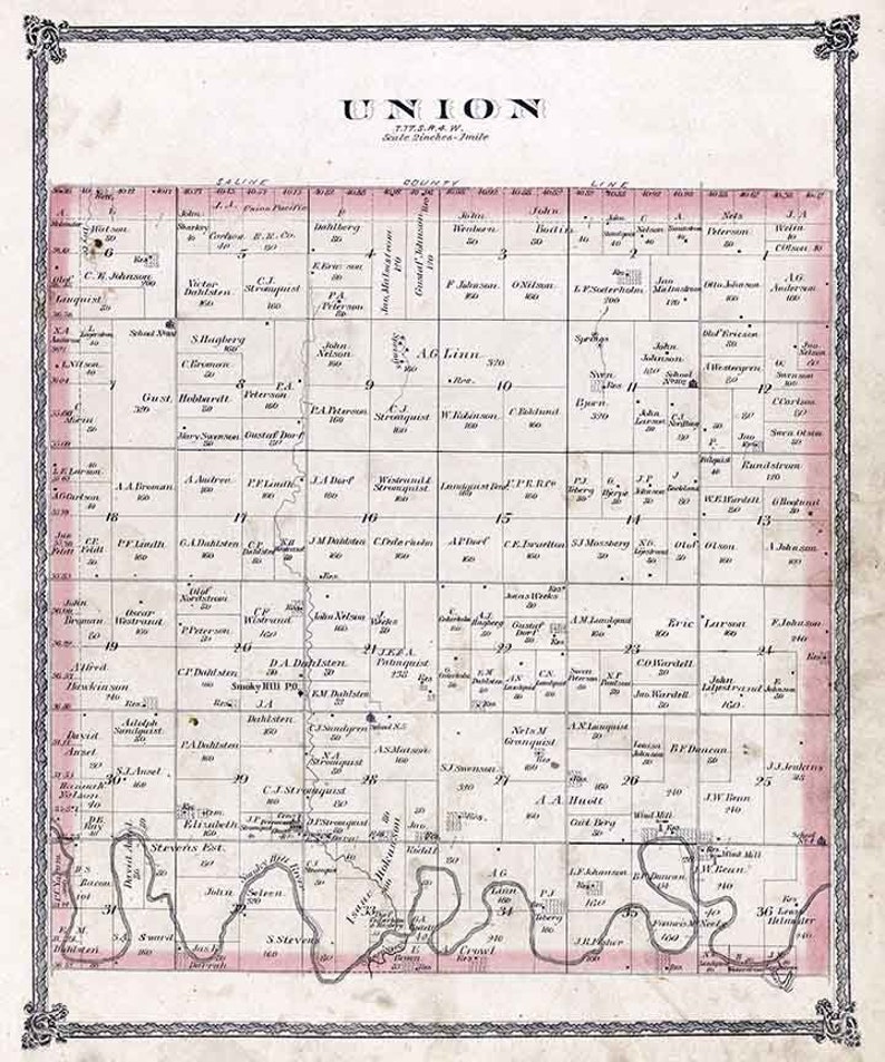 1884 Map of Union Township Mcpherson County Kansas Etsy