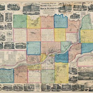 Carte de 1859 du comté de Scott dans l'Iowa et du comté de Rock Island dans l'Illinois