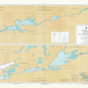1968 Mappa nautica del Lago Rainy, Senna orientale, Baia della Senna, fino a Sturgeon Falls, Ontario, Canada