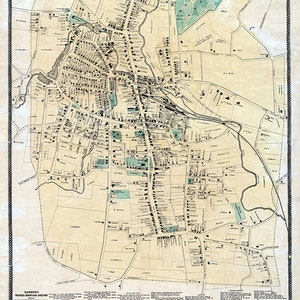 May include: An antique map of Danbury, Connecticut, printed in black and white with green accents. The map shows the layout of the city with streets, buildings, and parks. The map includes a business directory with a list of businesses and their addresses.