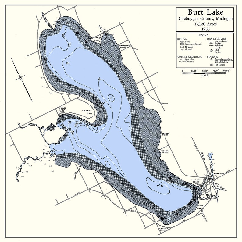 1955 Map of Burt Lake Cheboygan County Michigan Etsy