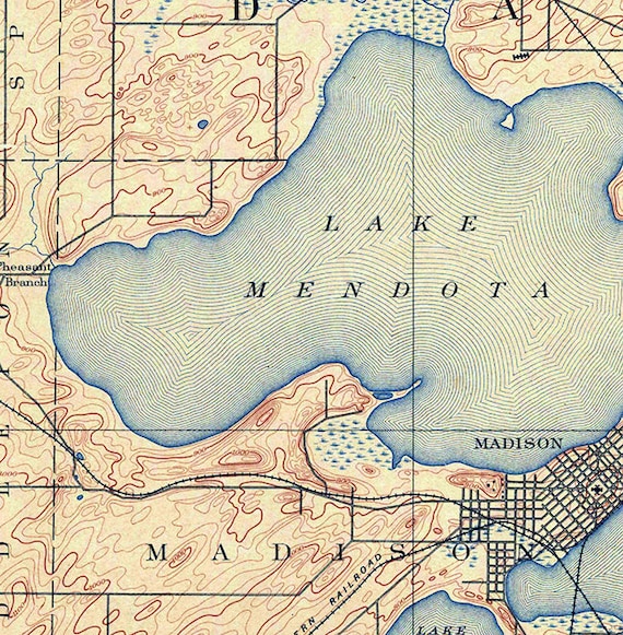 Wisconsin Topographic Lake Maps 1890 Topo Map Of Madison Wisconsin Quadrangle Lake Mendota | Etsy Uk