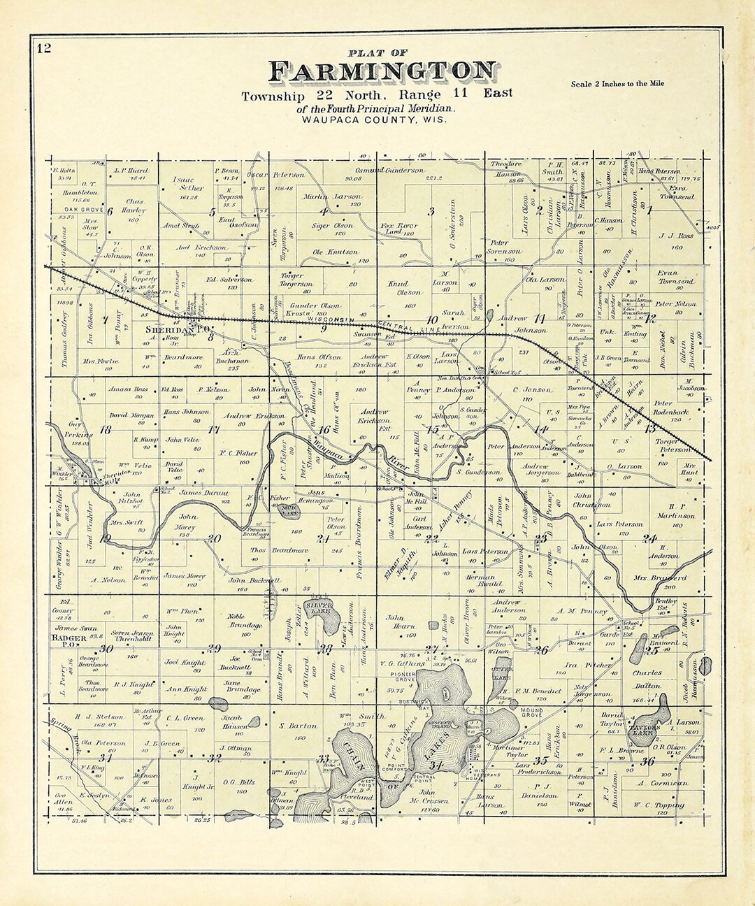 1889 Map of Farmington Township Waupaca County Wisconsin Etsy