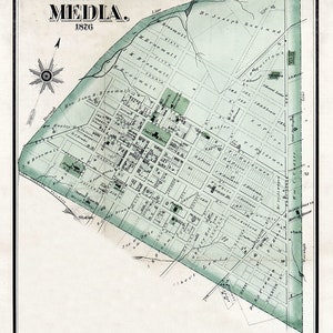 1876 Town Map of Media Delaware County Pennsylvania