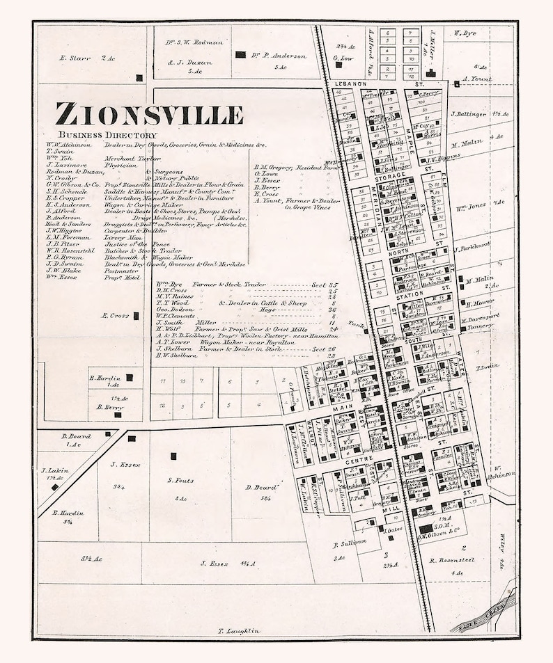 1865 Town Map of Zionsville Boone County Indiana Etsy