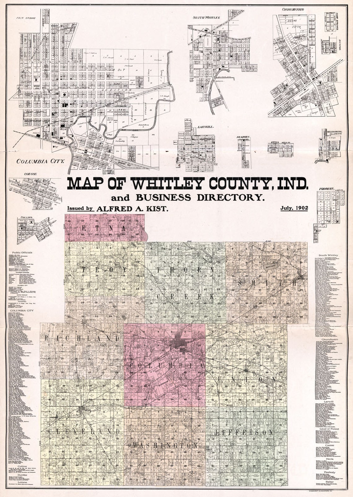 1865 Farm Line Map of Whitley County Indiana Columbia City Etsy