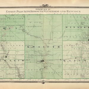 1875 Map of Emmet Palo Alto Kossuth Winnebago and Hancock County Iowa