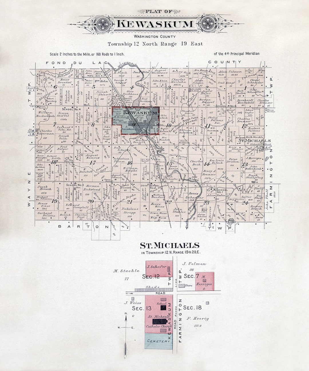 1915 Map of Kewaskum Township Washington County Wisconsin Etsy