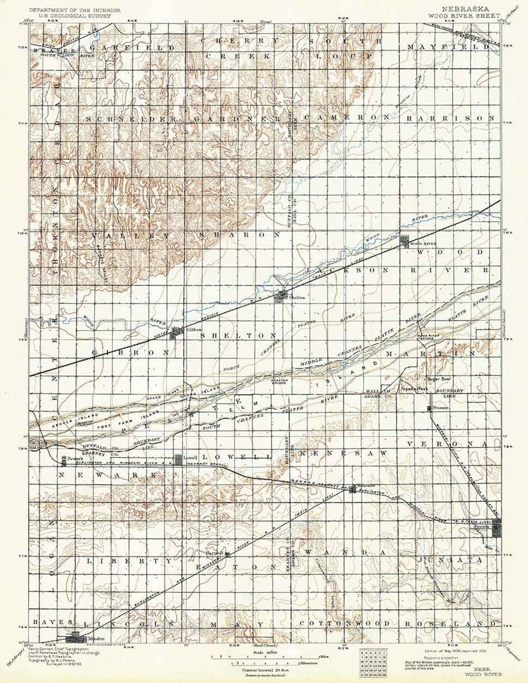 1896 Topo Map of Wood River Nebraska Etsy