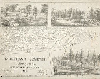 1848 Map of Tarrytown Cemetery Sleepy Hollow West Chester County NY