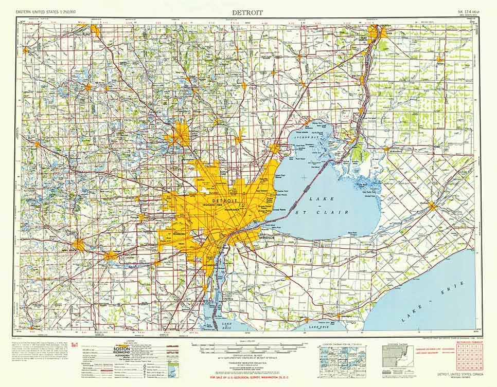 1954 Topo Map of Detroit Michigan Quadrangle Lake Saint Clair