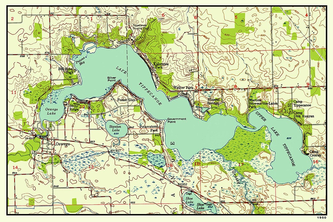 1950 Map of Tippecanoe Lake Indiana Etsy