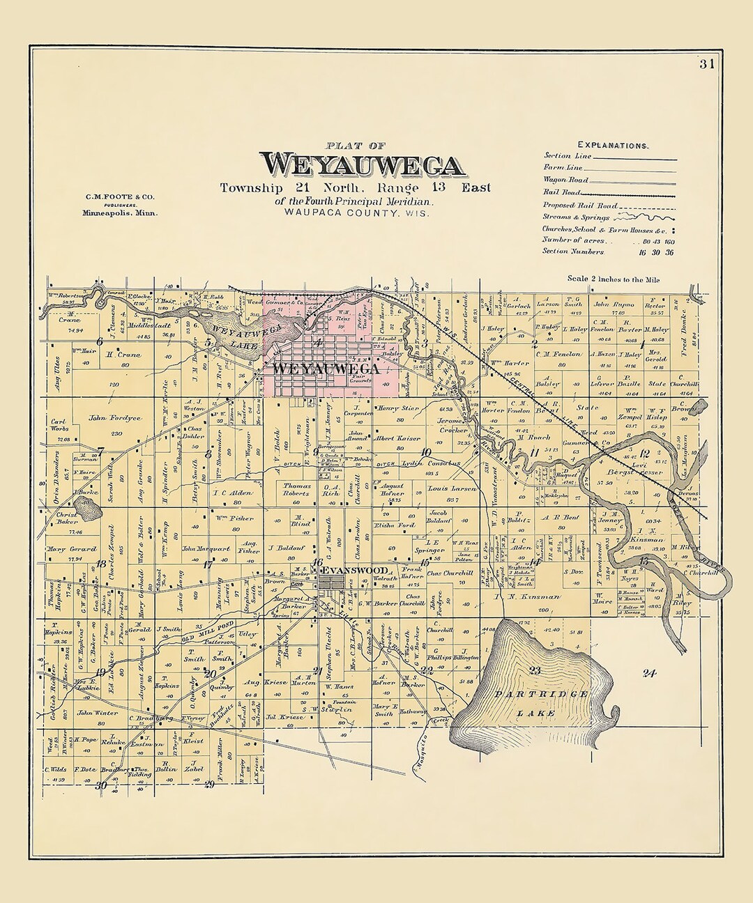 1889 Map of Weyauwega Township Waupaca County Wisconsin Etsy