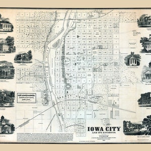 1854 Map of Iowa City Johnson County Iowa