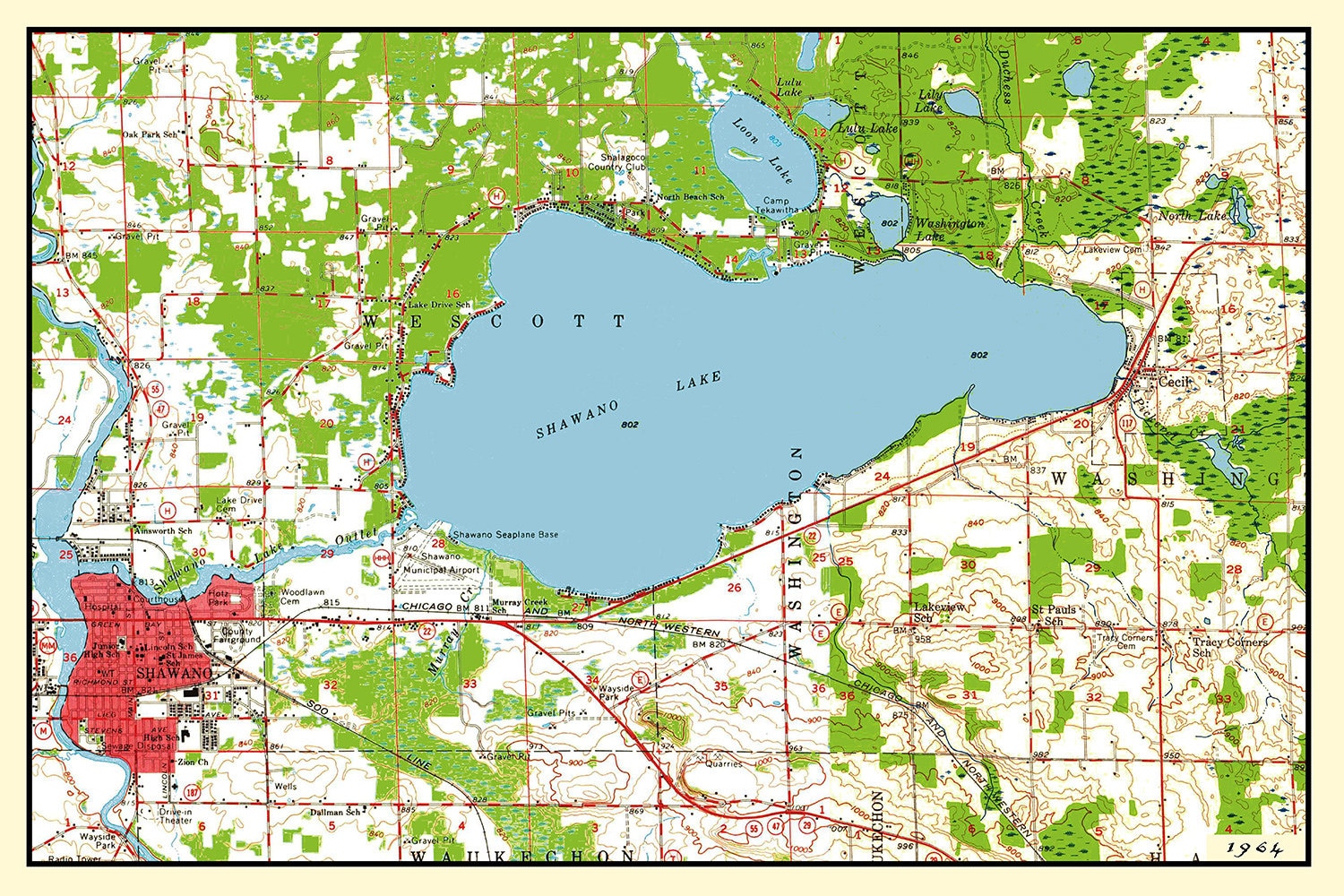 Shawano Zip Code Map 1964 Map of Shawano Lake Wisconsin - Etsy